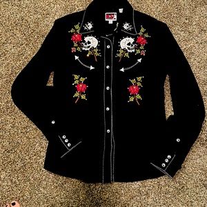 Western, Retro B&D PANHANDLE slim black Skull shirt, size Medium